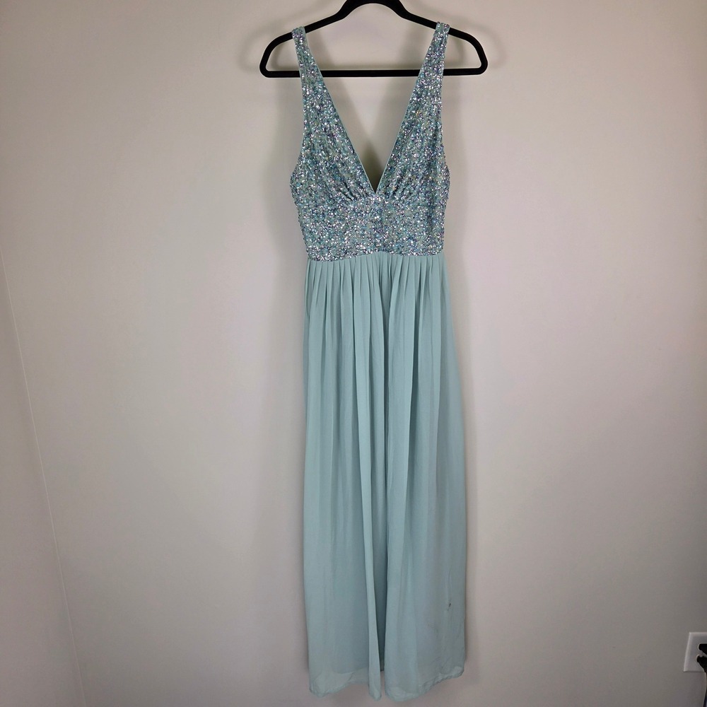 Beauut Sage Green Sequin Embellished V-Neck Maxi Dress Formal Gown NWT Size 10